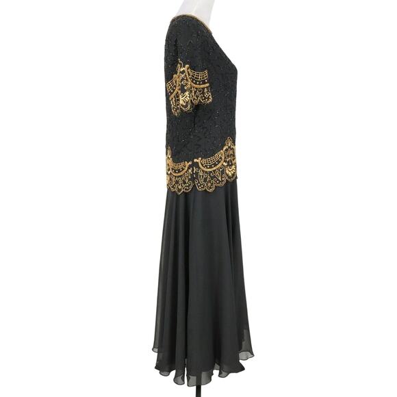 Brillante by JA Dress Womens Large Black Sequin Gold Trim Chiffon Formal Vintage - Picture 5 of 16